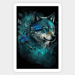 Cool Wolf portrait with teal and blue glow Sticker